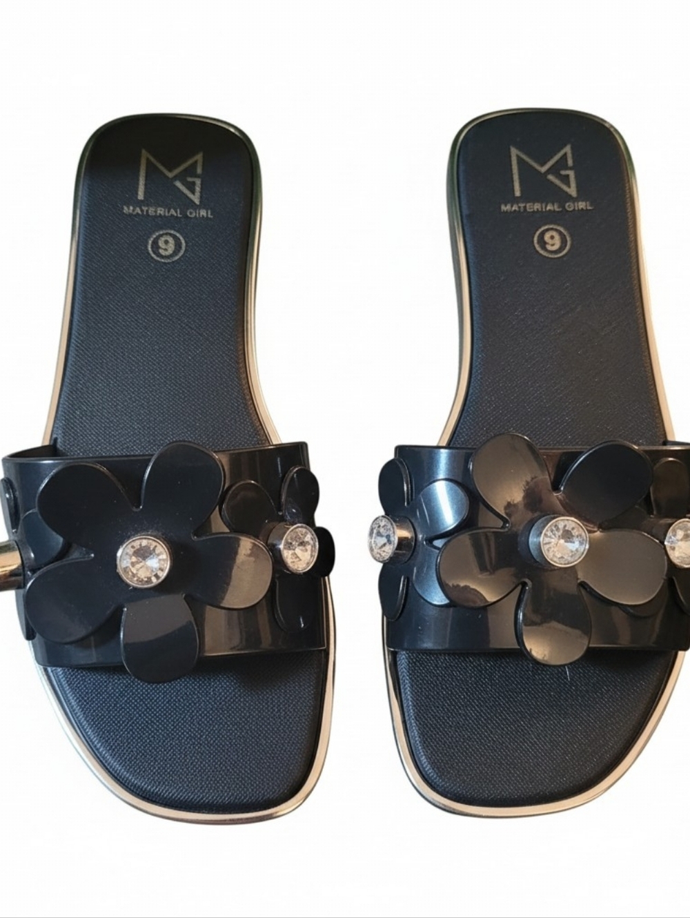 Material Girl Women's Black Floral Slide Sandals